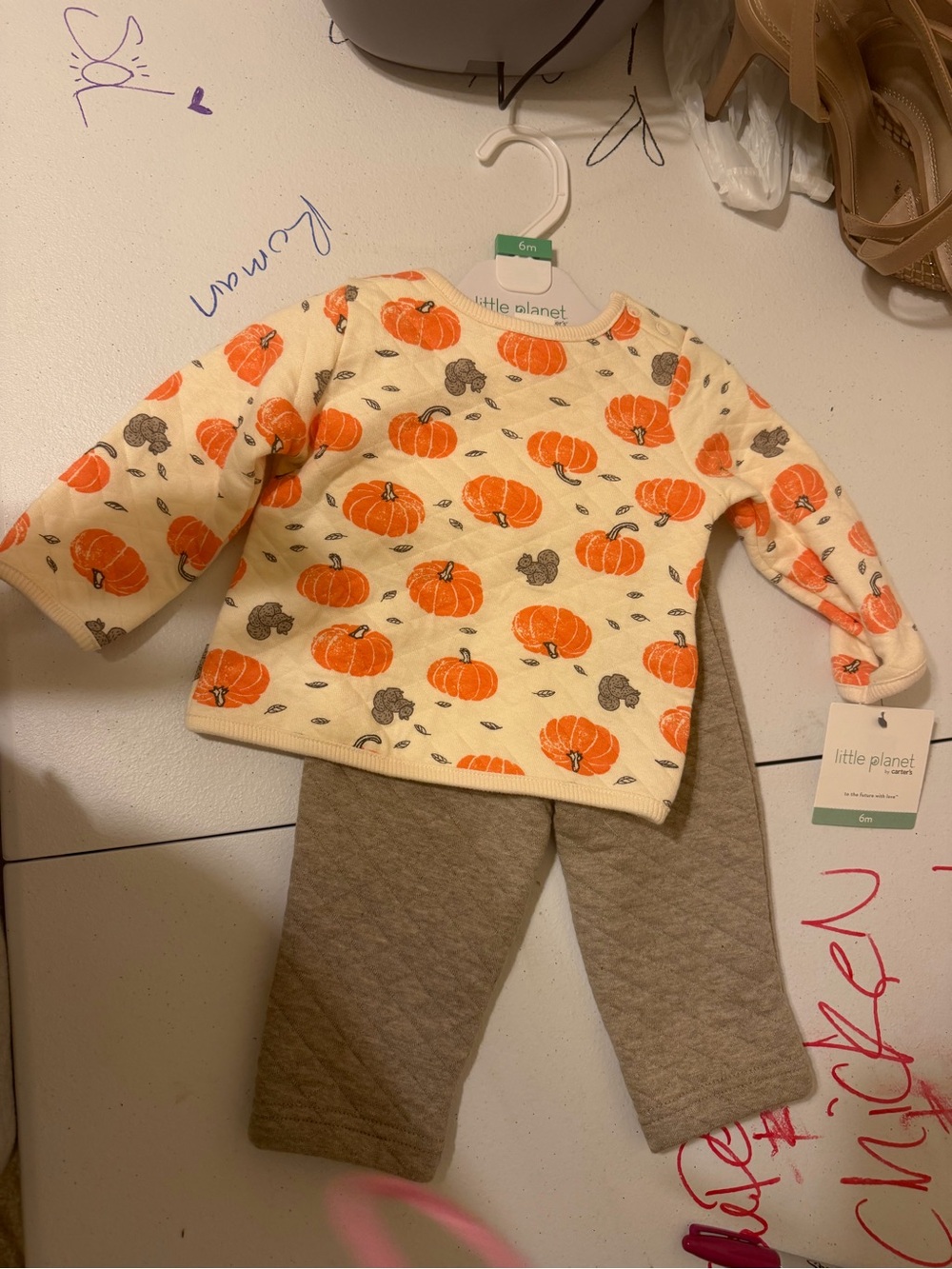 Carter's Cream Pumpkin Print Top with Tan Quilted Pants